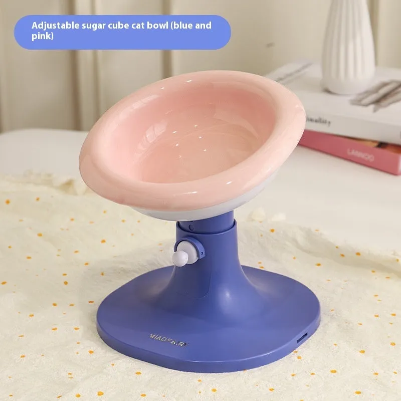 Adjustable ceramic cat feeding bowl in ice cream shape with pink and blue colour on a plastic base
