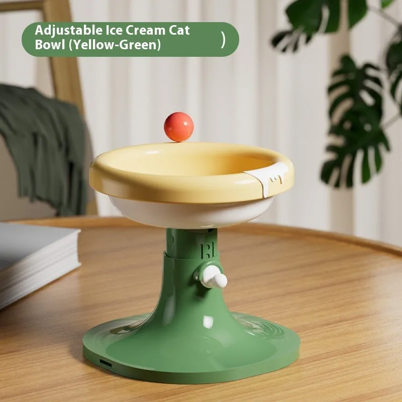 Adjustable ceramic cat feeding bowl in ice cream shape with pink and blue colour on a plastic base