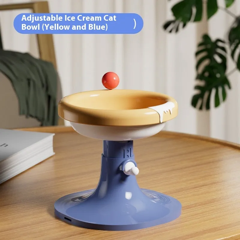 Adjustable ceramic cat feeding bowl in ice cream shape with pink and blue colour on a plastic base