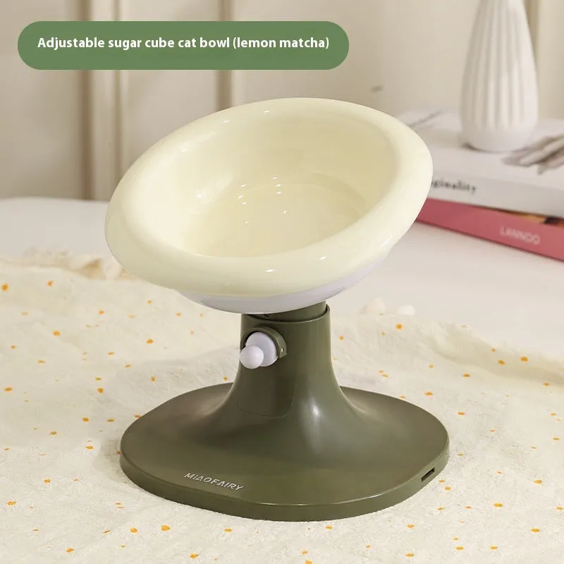 Adjustable ceramic cat feeding bowl in ice cream shape with pink and blue colour on a plastic base