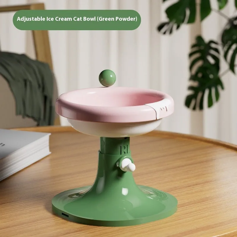 Adjustable ceramic cat feeding bowl in ice cream shape with pink and blue colour on a plastic base