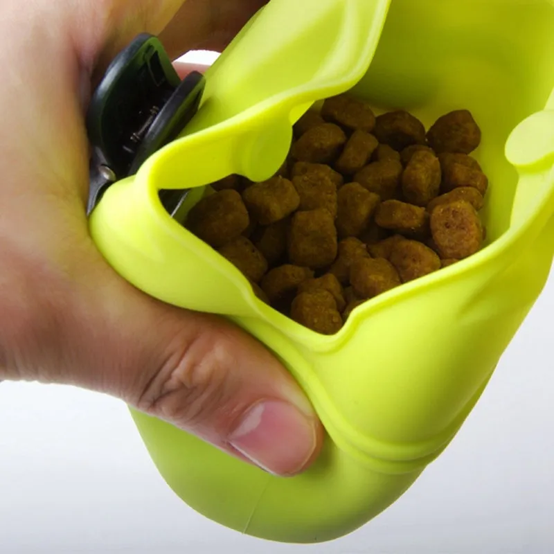 Silicone dog training treat waist bag with clip, shown in various colours.