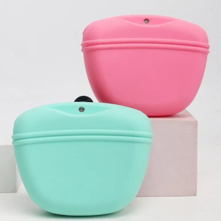 Silicone dog training treat waist bag with clip, shown in various colours.