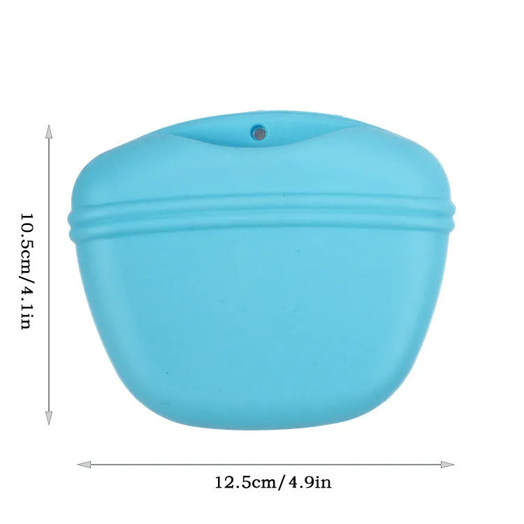 Silicone dog training treat waist bag with clip, shown in various colours.