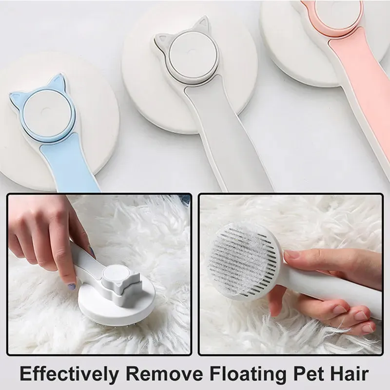 Self-cleaning pet grooming brush with stainless steel bristles and round massage beads for dogs and cats