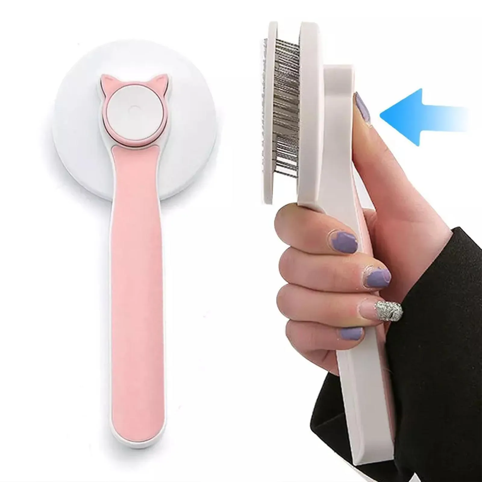 Self-cleaning pet grooming brush with stainless steel bristles and round massage beads for dogs and cats
