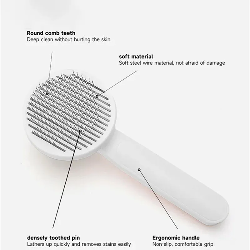 Self-cleaning pet grooming brush with stainless steel bristles and round massage beads for dogs and cats