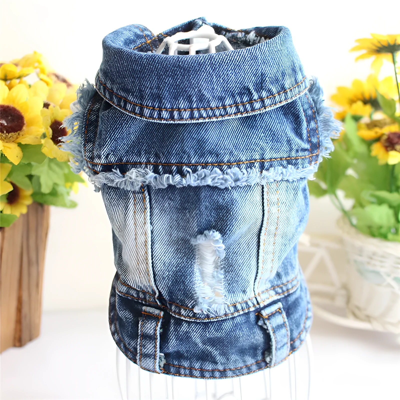 Ripped fringe denim pet vest for dogs with tassel detail in casual style