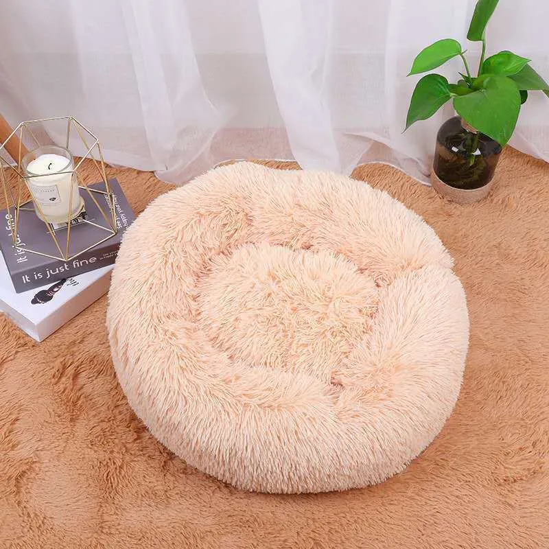 Pet sleep bed with anti-skid bottom and soft plush surface in beige