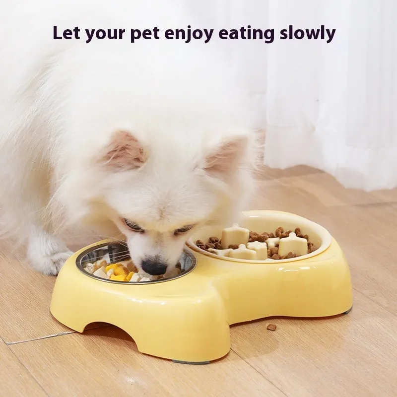 Cat bowl slow food two-in-one stainless steel and PP pet bowl with large and small sections in green grass colour
