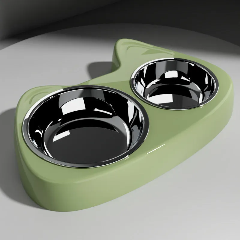 Cat bowl slow food two-in-one stainless steel and PP pet bowl with large and small sections in green grass colour