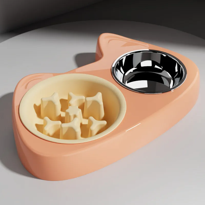 Cat bowl slow food two-in-one stainless steel and PP pet bowl with large and small sections in green grass colour