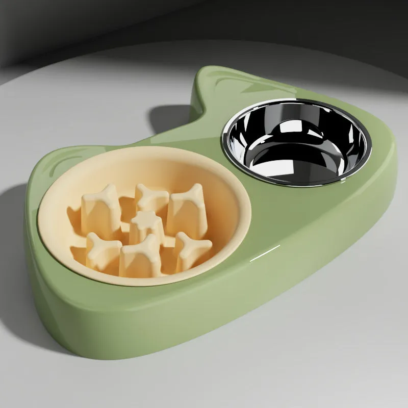 Cat bowl slow food two-in-one stainless steel and PP pet bowl with large and small sections in green grass colour