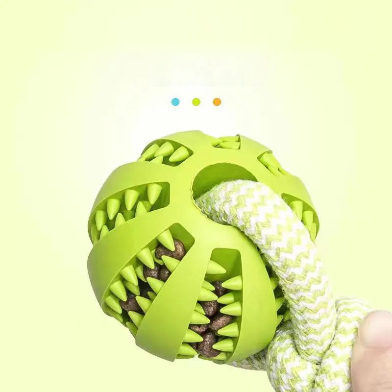 Interactive dog treat ball with hemp rope in blue for small dogs chewing and playing tug of war
