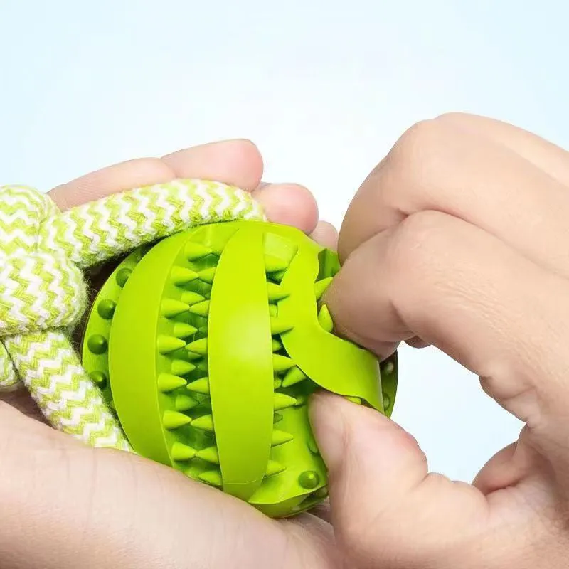 Interactive dog treat ball with hemp rope in blue for small dogs chewing and playing tug of war