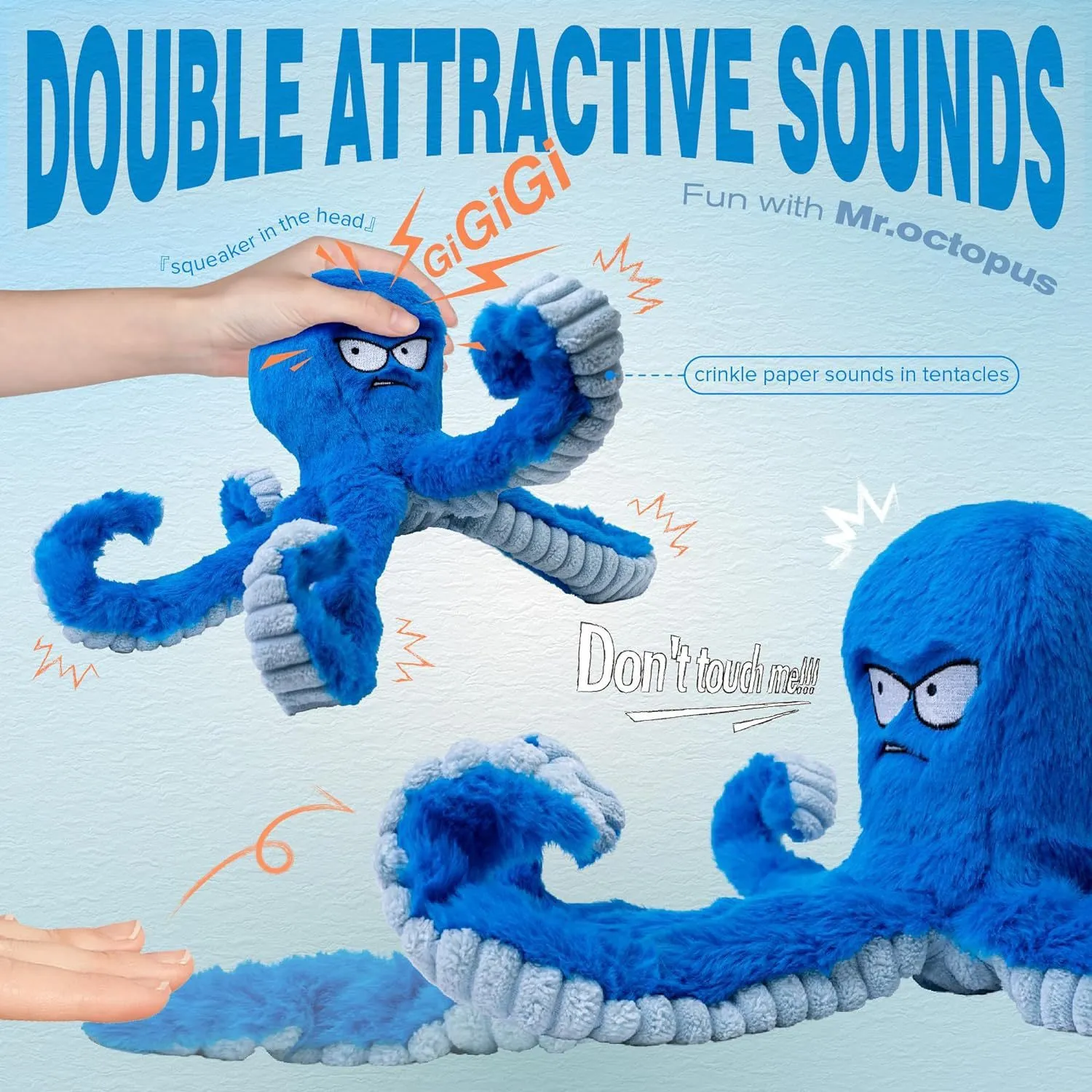 Blue stuffed octopus dog toy with squeaker and crinkly tentacles for interactive tug of war