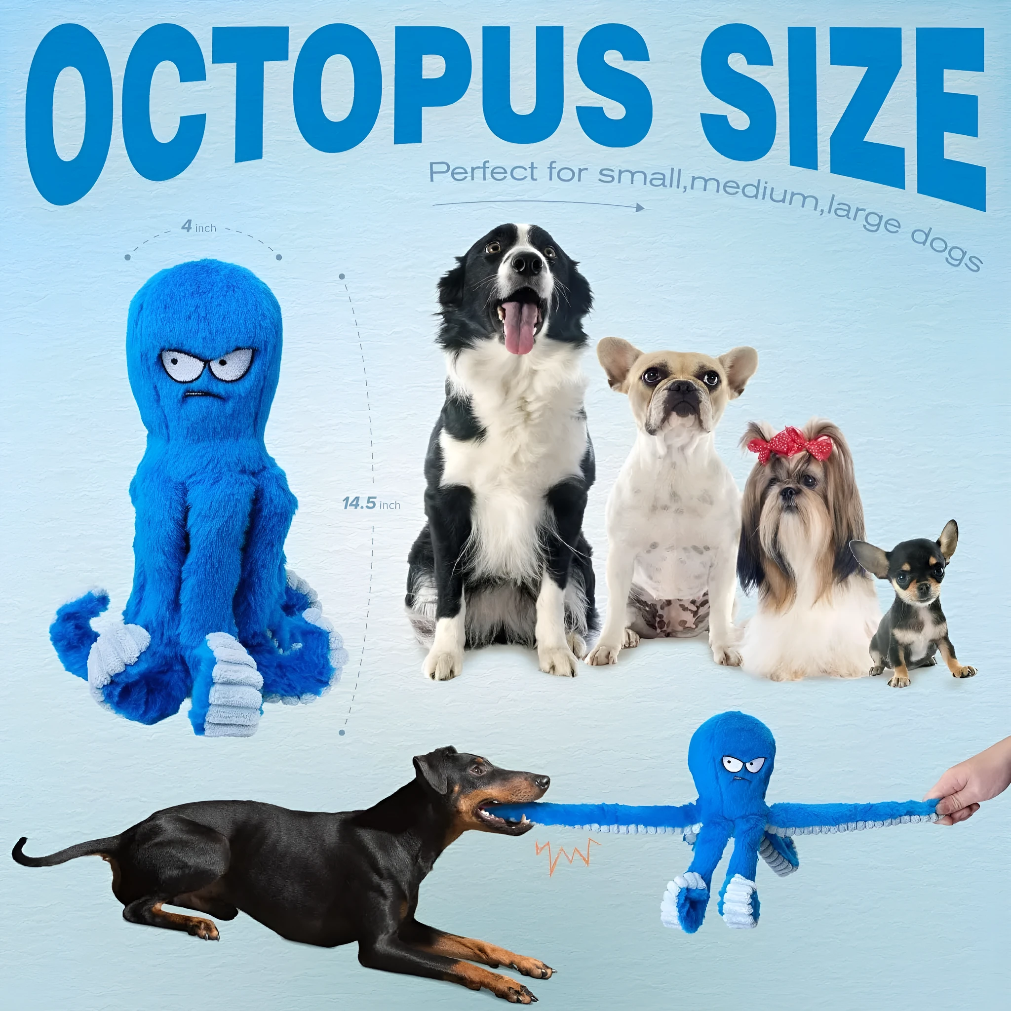 Blue stuffed octopus dog toy with squeaker and crinkly tentacles for interactive tug of war