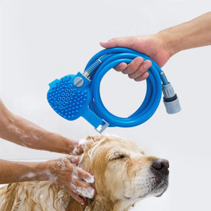 Blue pet bathing tool with silicone massage glove and 7.5ft hose for dogs