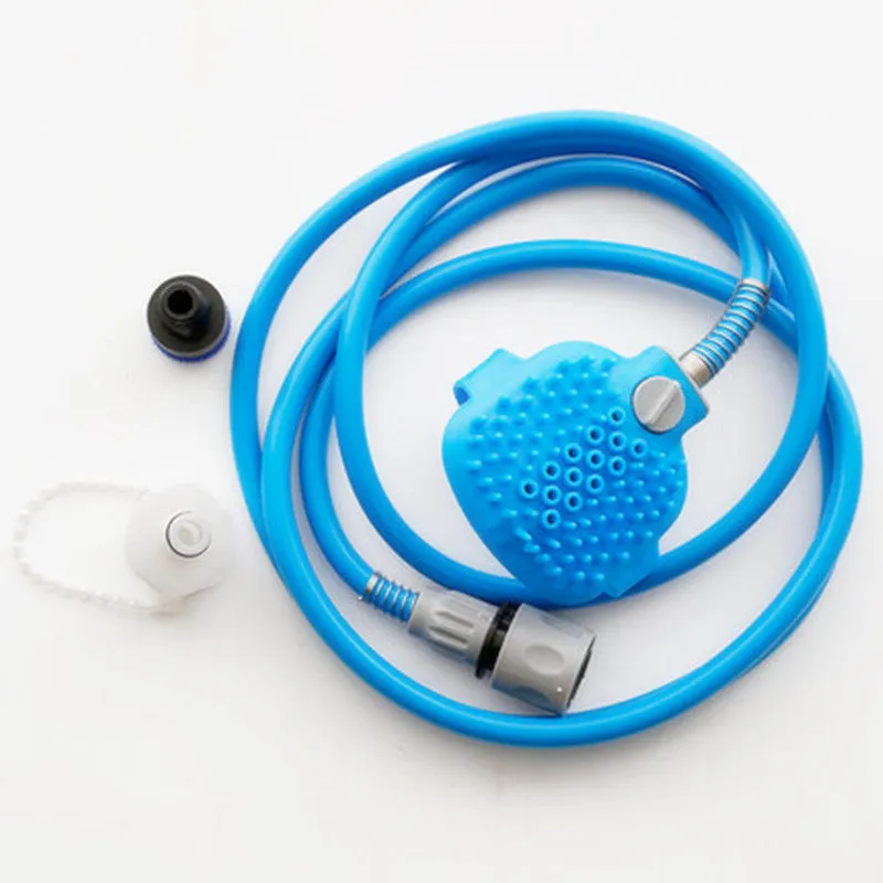 Blue pet bathing tool with silicone massage glove and 7.5ft hose for dogs