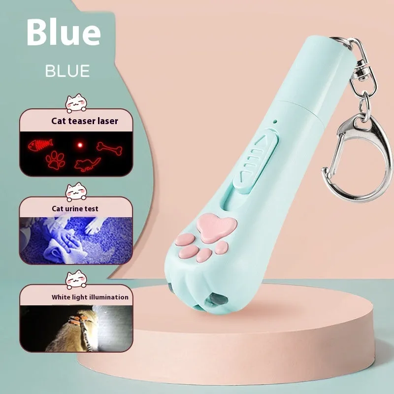 Self-charging cat teaser toy with pen light in cream, pink, and sky blue colour options.