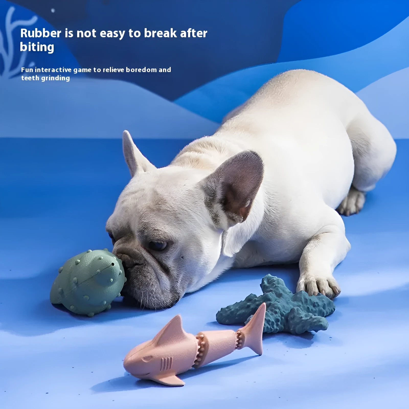 Rubber deep sea shark dog toy in conch blue colour for food leakage prevention