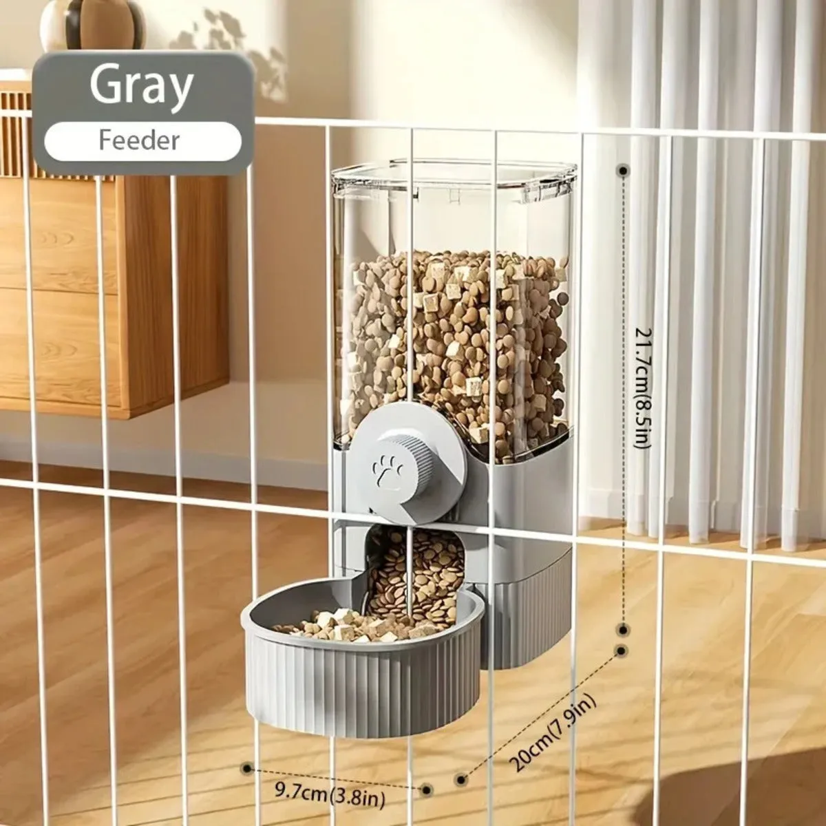 1.2L automatic pet feeder and 520ml water dispenser in elegant grey, made from PP plastic, for small dogs, cats and rabbits in a cage setting.