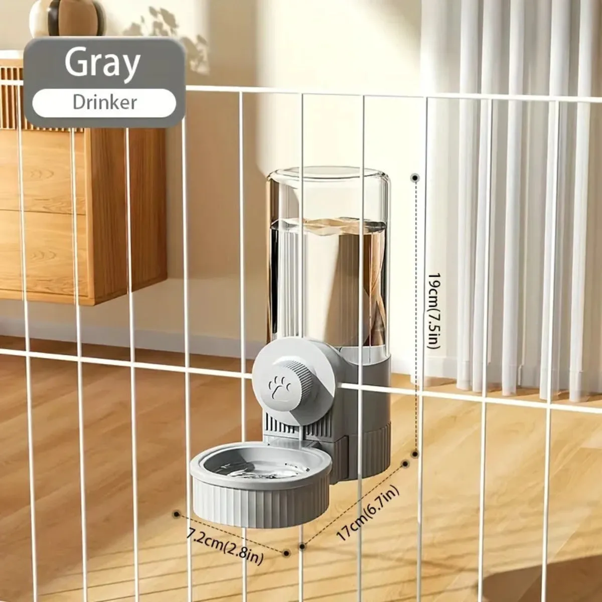 1.2L automatic pet feeder and 520ml water dispenser in elegant grey, made from PP plastic, for small dogs, cats and rabbits in a cage setting.