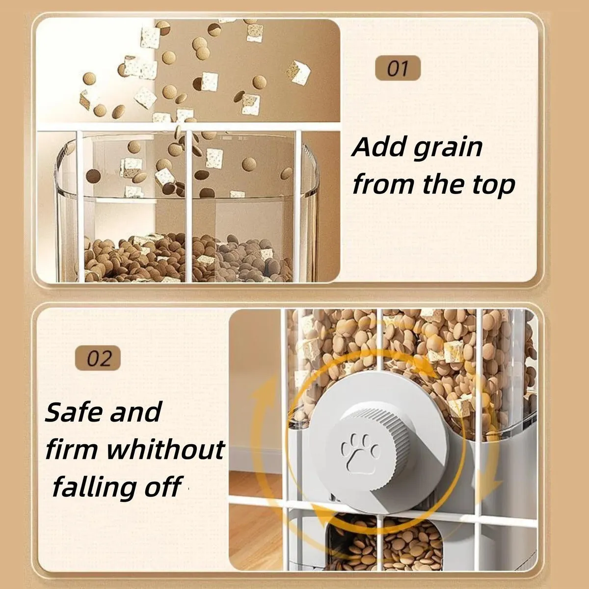 1.2L automatic pet feeder and 520ml water dispenser in elegant grey, made from PP plastic, for small dogs, cats and rabbits in a cage setting.