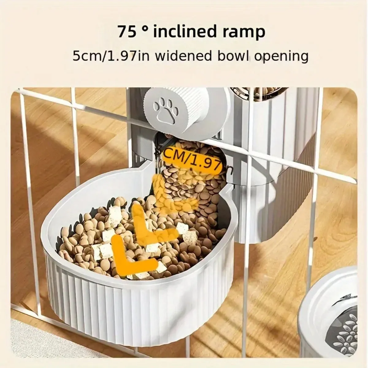 1.2L automatic pet feeder and 520ml water dispenser in elegant grey, made from PP plastic, for small dogs, cats and rabbits in a cage setting.