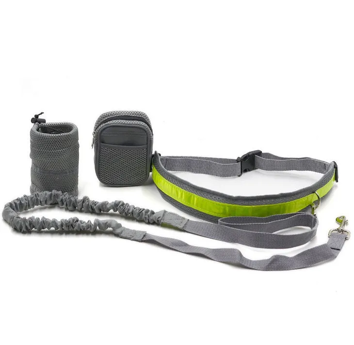 Adjustable hands-free dog leash running set with nylon retractable rope, waist belt, and two storage bags on a person jogging