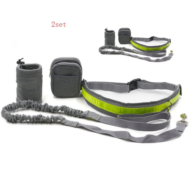 Adjustable hands-free dog leash running set with nylon retractable rope, waist belt, and two storage bags on a person jogging