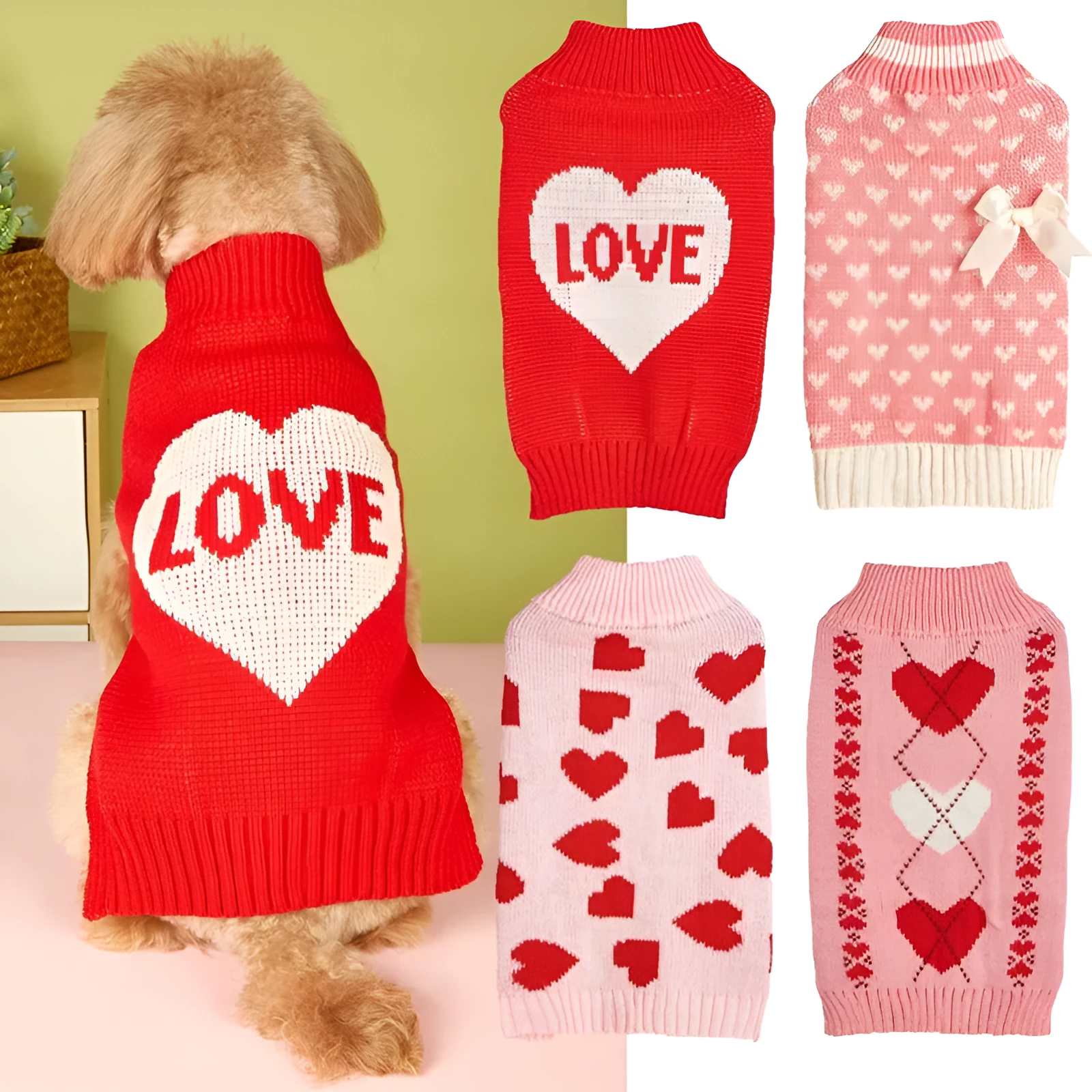 Dog wearing acrylic jumper with decorative heart or bow design in pink or red colours