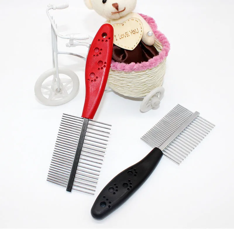 Double-row pet grooming comb with red handle and stainless steel needles on white background
