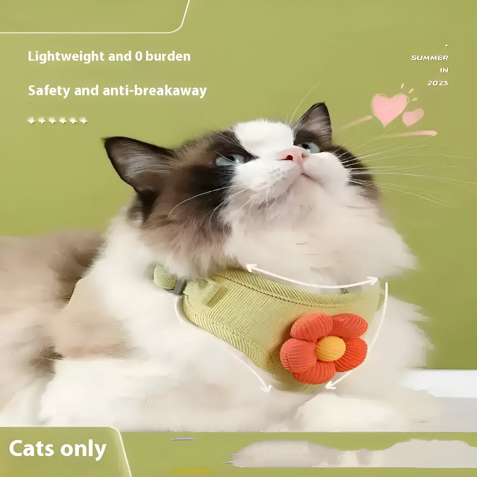 Cat pulling rope vest style harness in light green for going out with cat