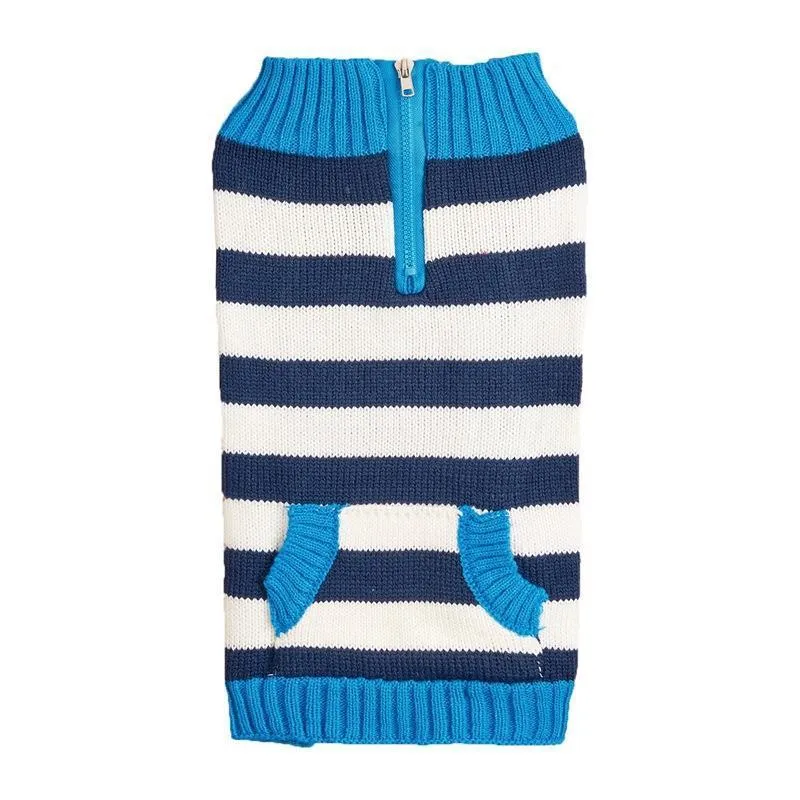 Dog sweater with horizontal contrast zipper and button pocket for small medium dogs