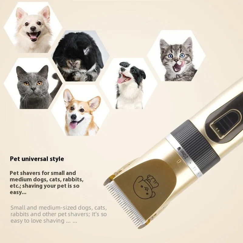 Electric pet hair cutter set with original cutter head, steel comb, black scissors, and pedicure device on white background
