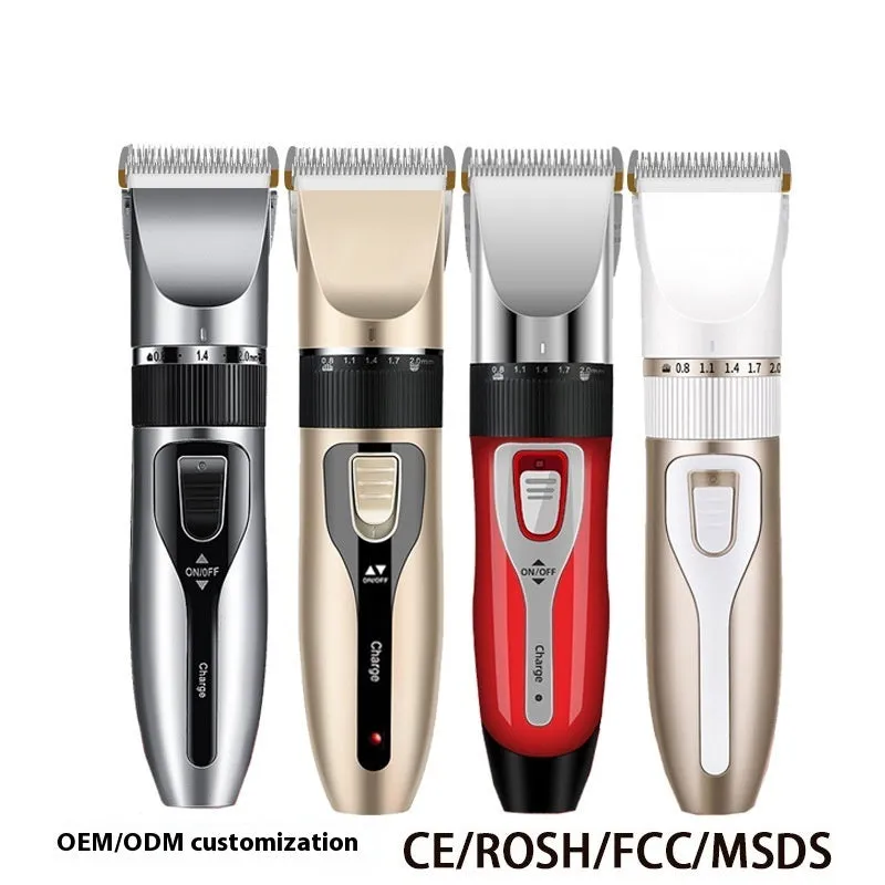 Electric pet hair cutter set with original cutter head, steel comb, black scissors, and pedicure device on white background