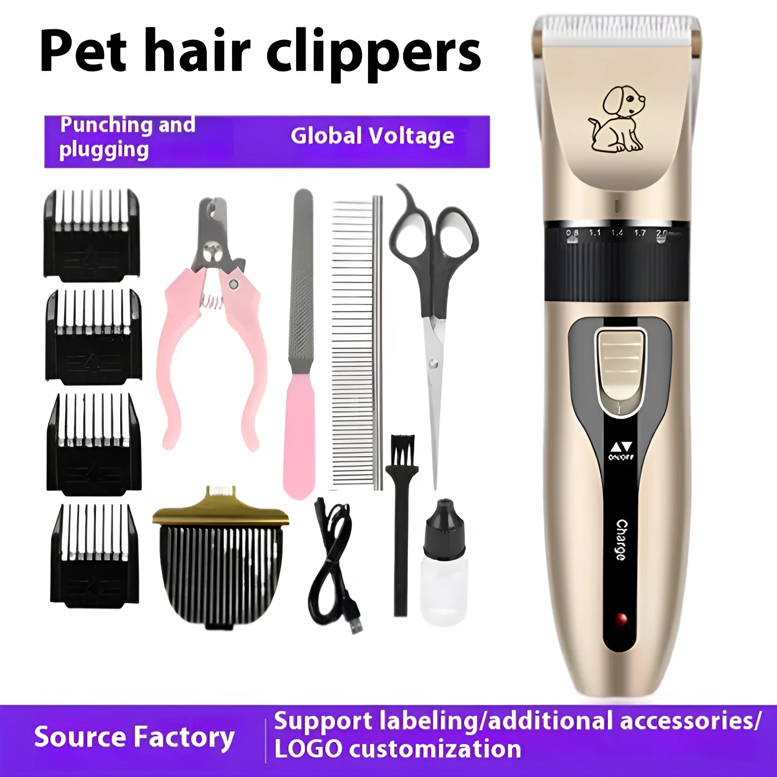 Electric pet hair cutter set with original cutter head, steel comb, black scissors, and pedicure device on white background