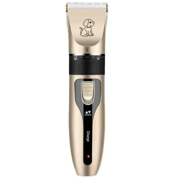 Electric pet hair cutter set with original cutter head, steel comb, black scissors, and pedicure device on white background
