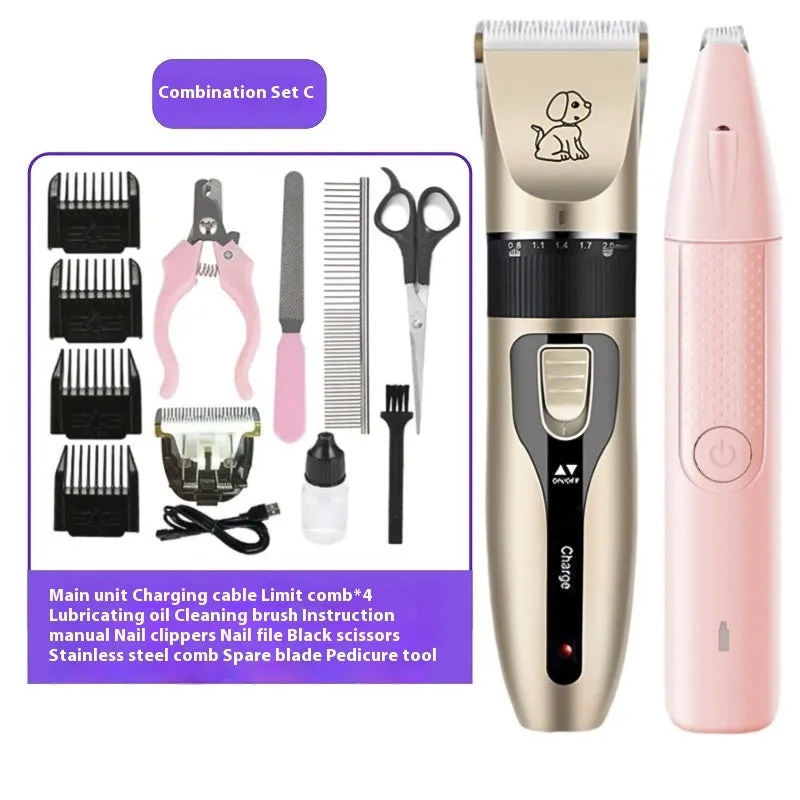 Electric pet hair cutter set with original cutter head, steel comb, black scissors, and pedicure device on white background