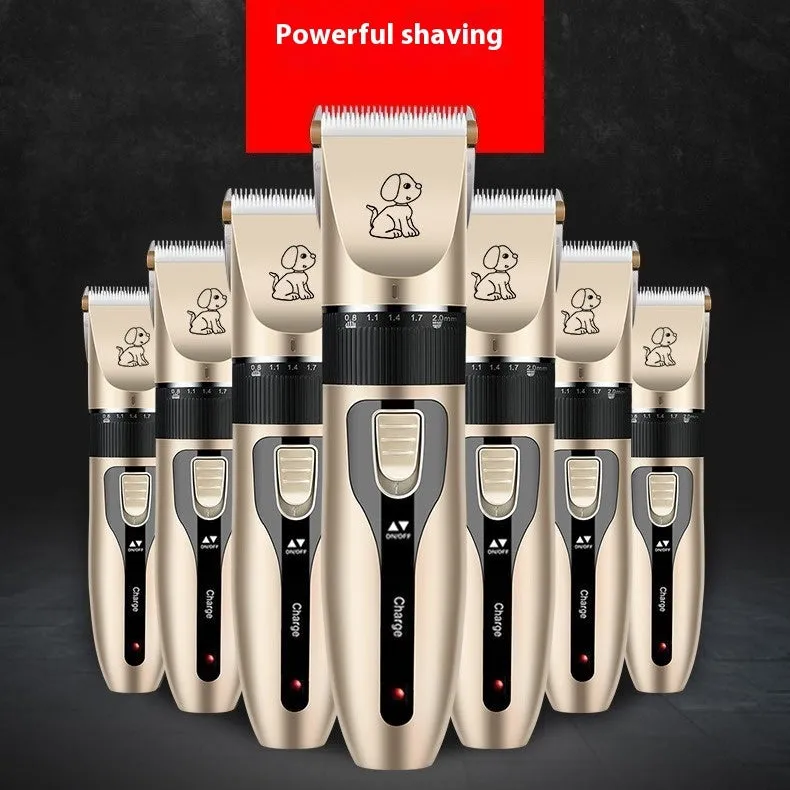 Electric pet hair cutter set with original cutter head, steel comb, black scissors, and pedicure device on white background