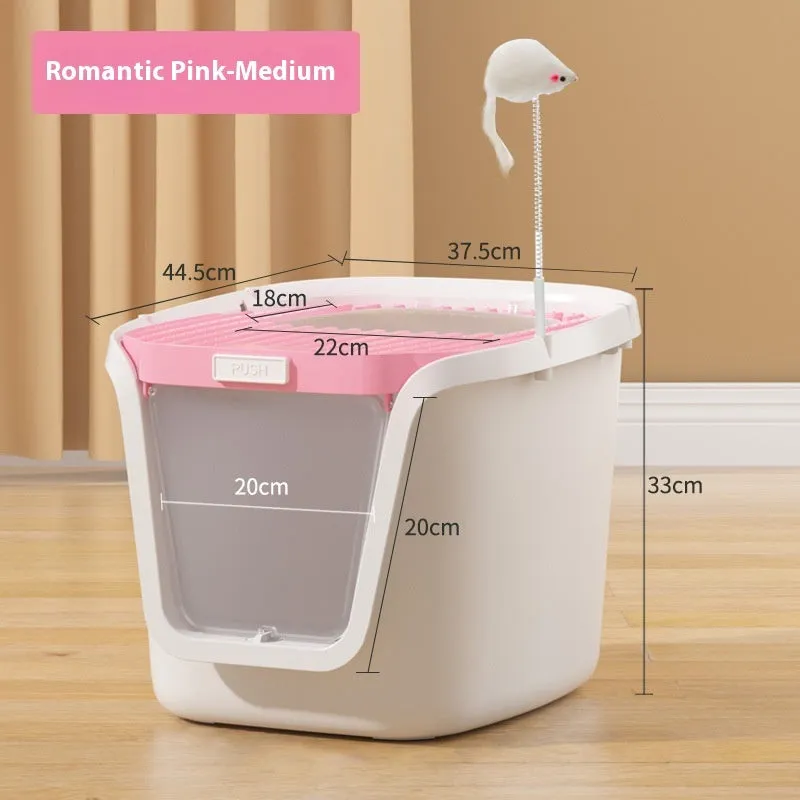 Fully enclosed extra large cat litter basin in medium grey with roll tail top entrance, deodorising film, cat shovel, and cat teasing pole