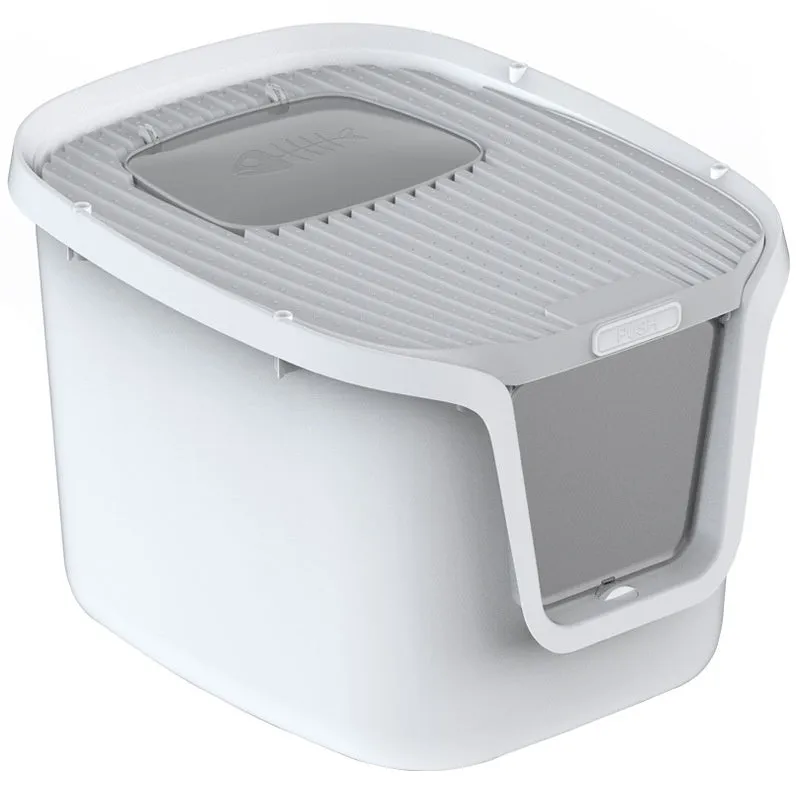 Fully enclosed extra large cat litter basin in medium grey with roll tail top entrance, deodorising film, cat shovel, and cat teasing pole