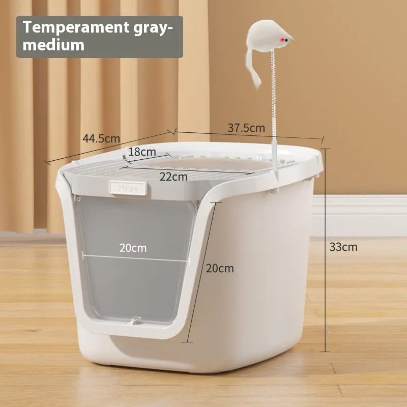 Fully enclosed extra large cat litter basin in medium grey with roll tail top entrance, deodorising film, cat shovel, and cat teasing pole