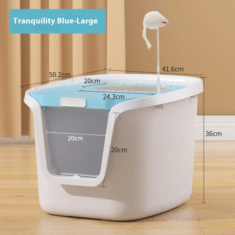 Fully enclosed extra large cat litter basin in medium grey with roll tail top entrance, deodorising film, cat shovel, and cat teasing pole