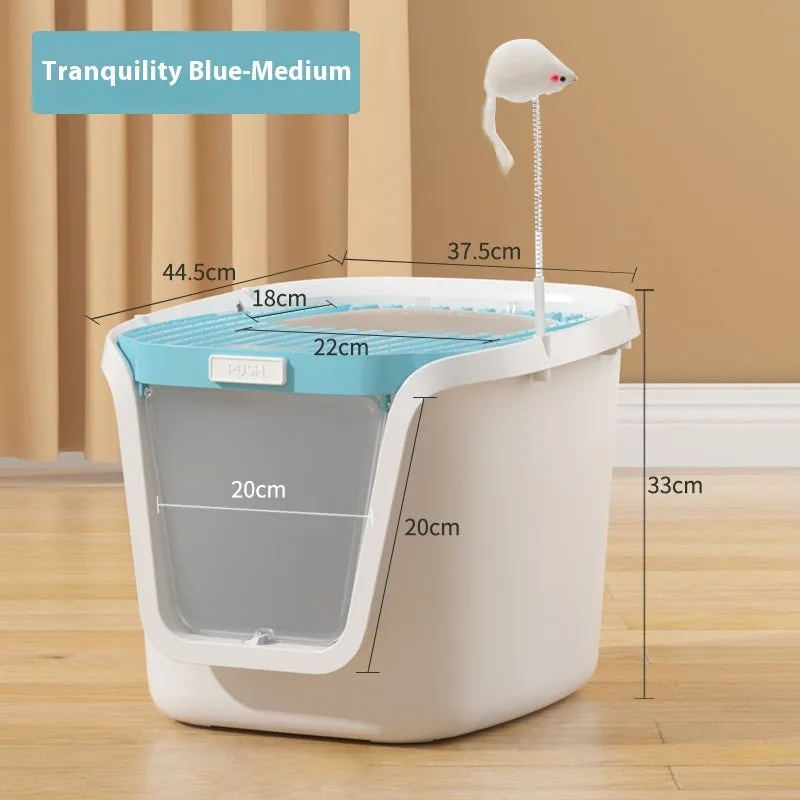 Fully enclosed extra large cat litter basin in medium grey with roll tail top entrance, deodorising film, cat shovel, and cat teasing pole