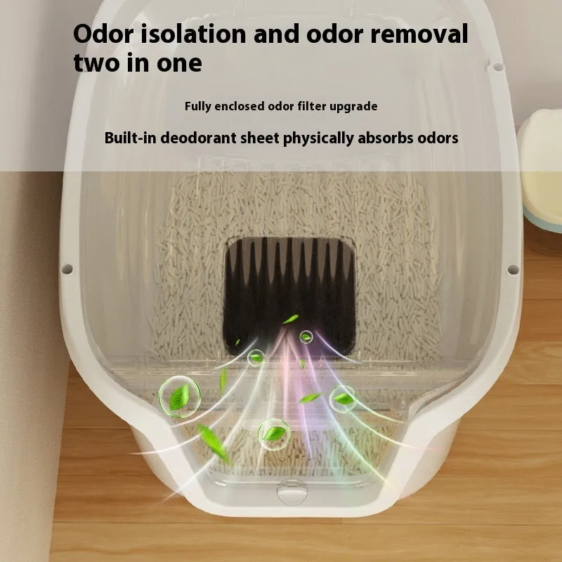 Fully enclosed extra large cat litter basin in medium grey with roll tail top entrance, deodorising film, cat shovel, and cat teasing pole