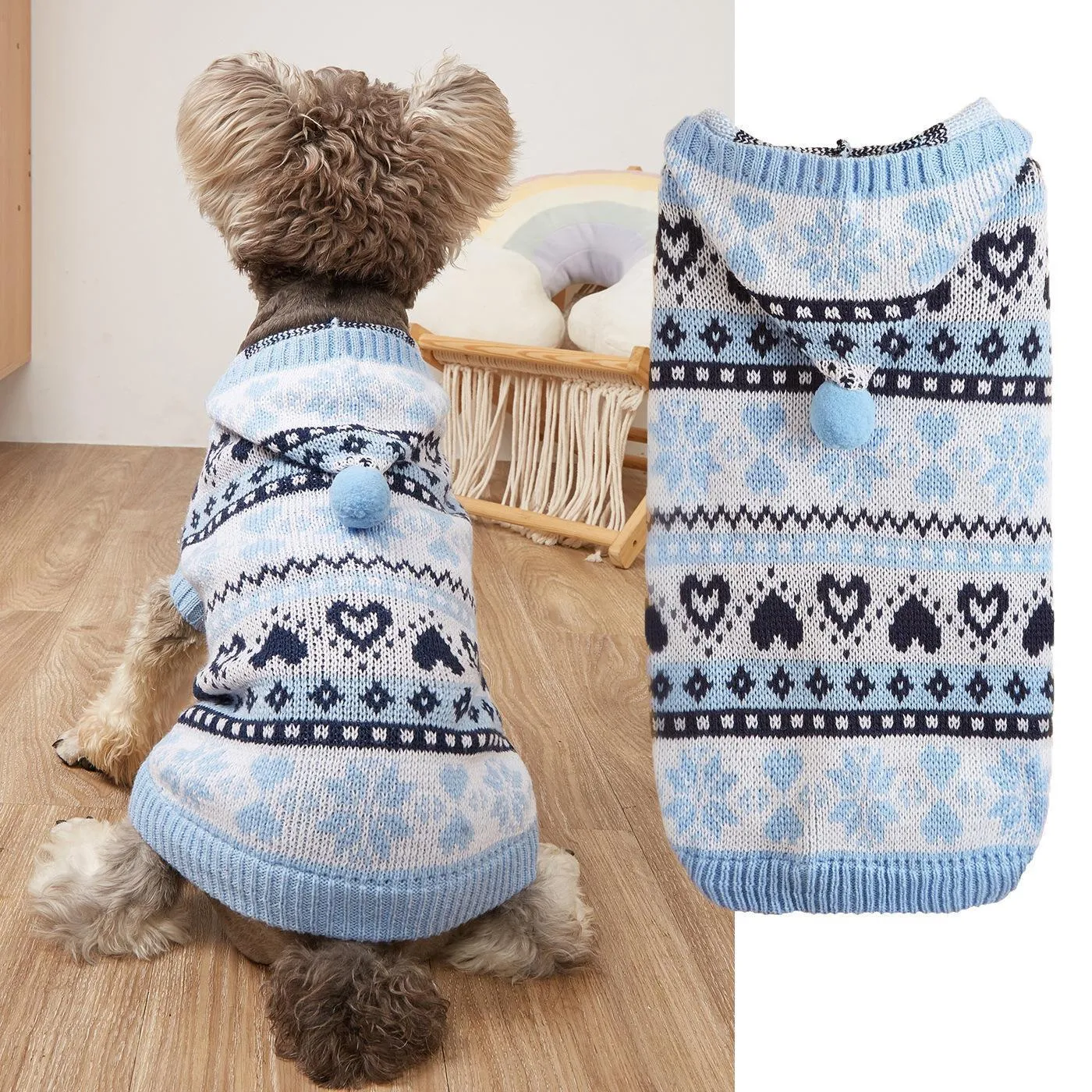 Acrylic knitted dog sweater for small breeds in snowflake, love heart and striped camouflage patterns