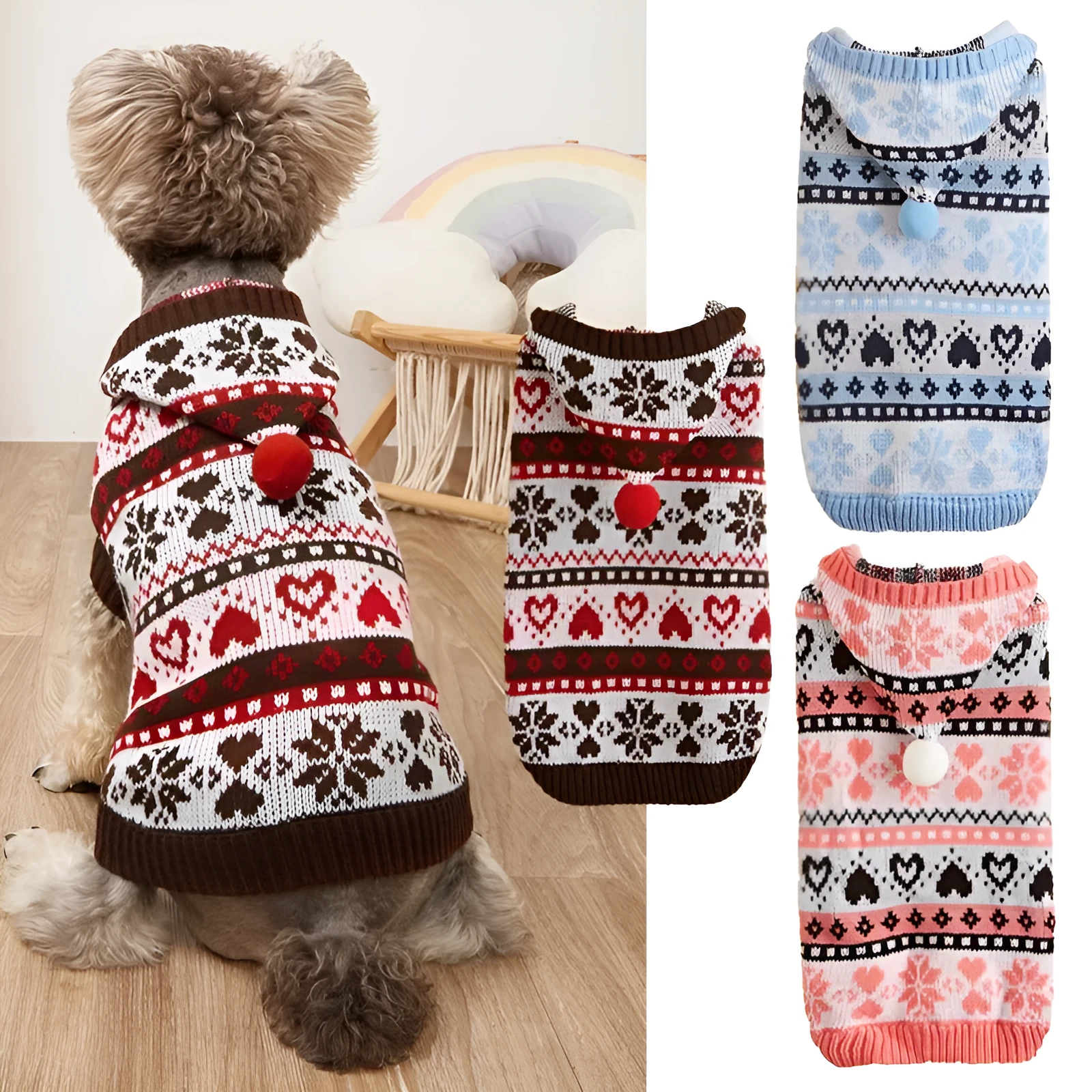 Acrylic knitted dog sweater for small breeds in snowflake, love heart and striped camouflage patterns