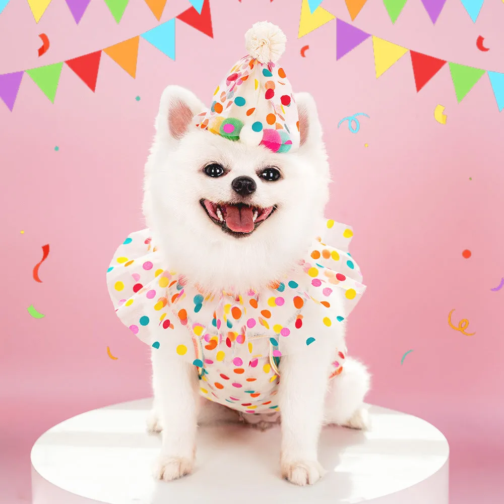 Polka dot lace bib dog birthday suit with hat and saliva towel in colourful dots
